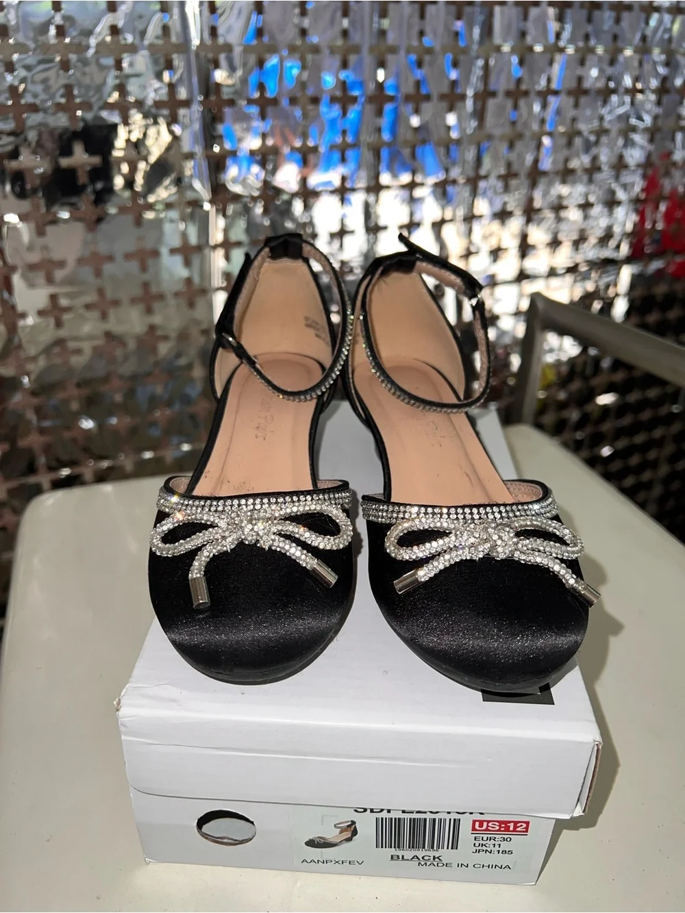 Black Satin Ankle-Strap Flats with Rhinestone Bow